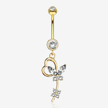 14 Karat Gold Heart Loop Butterfly Marquise Sparkle Belly Button Ring-Clear Gem